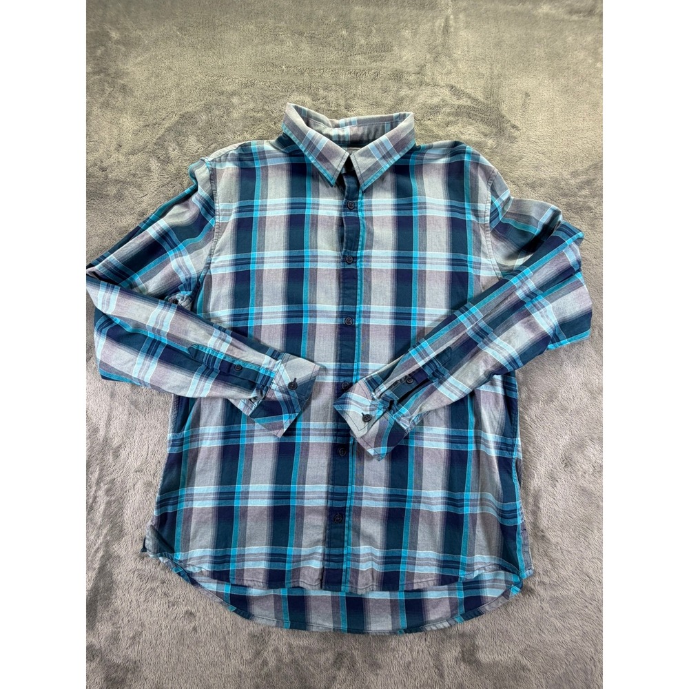 Armani Exchange Mens XL Fitted Casual Plaid Button Down Shirt Blue Teal Cotton